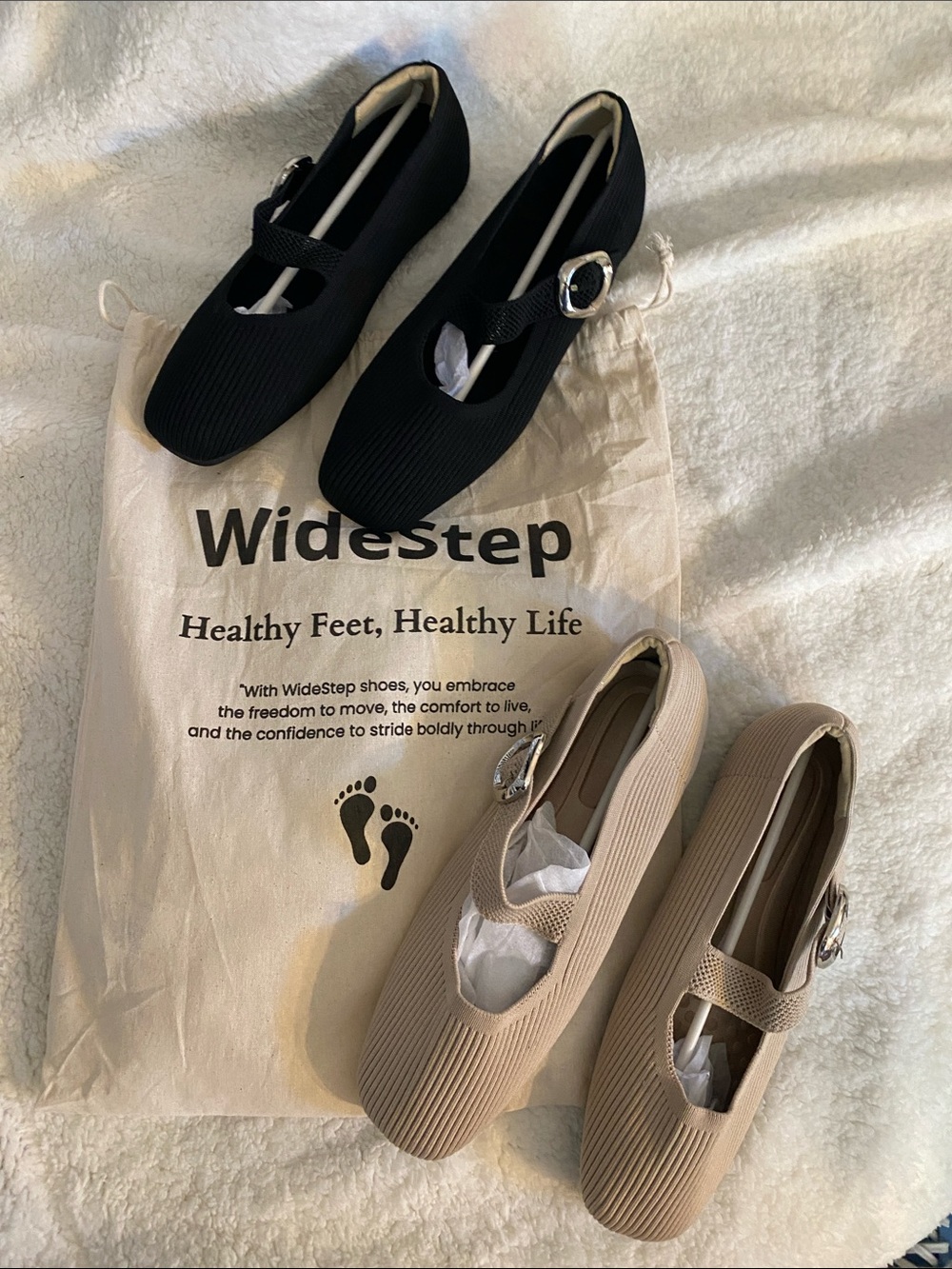 WideStep Elora Comfort Flat Mary Jane Square Toe Knit Shoes Black Beige Lot